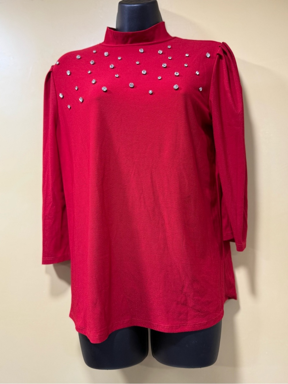 Red Embellished Mock Neck Women's Top